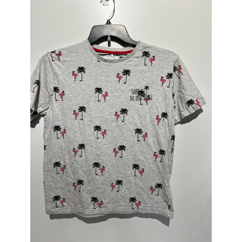 Denim & Flower Ricky Singh Mens Small Gray Flamingo Christmas Palm Tree T-Shirt